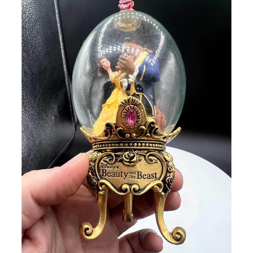 Rare DISNEY Faberge Glass Egg on Gold Jewel Stand - Beauty & The Beast Jewel